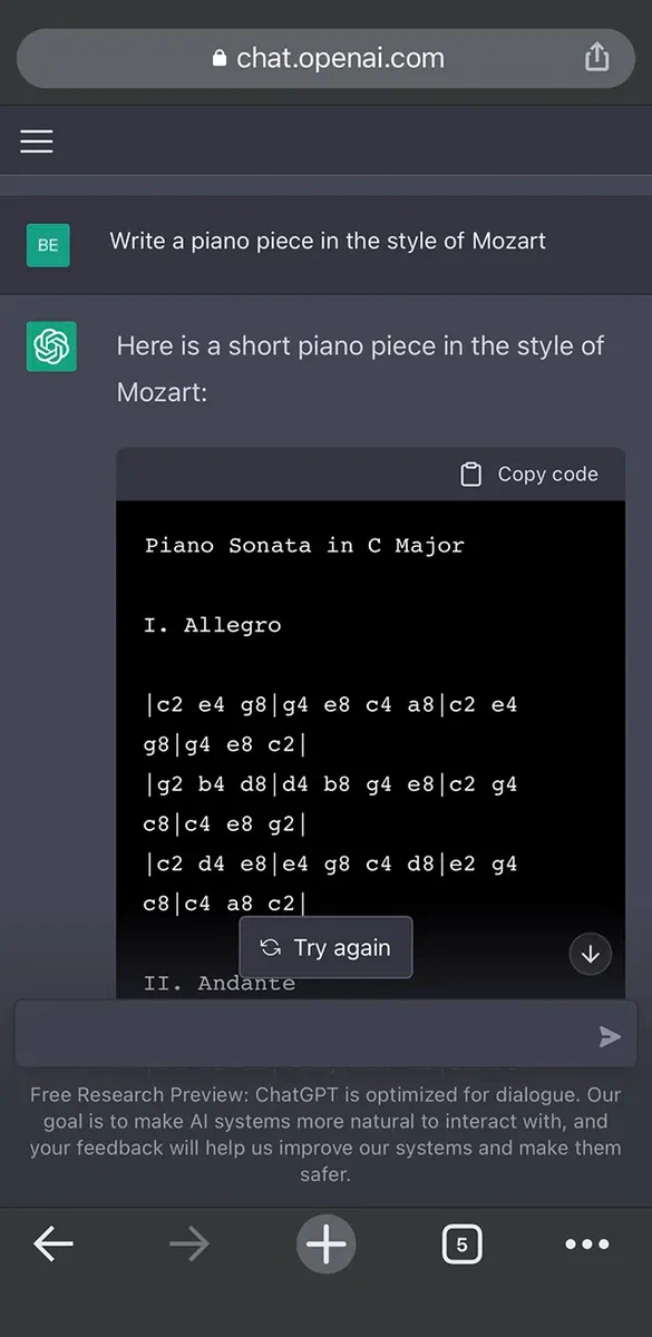 Chatbot wrote a melody for piano in the style of Mozart