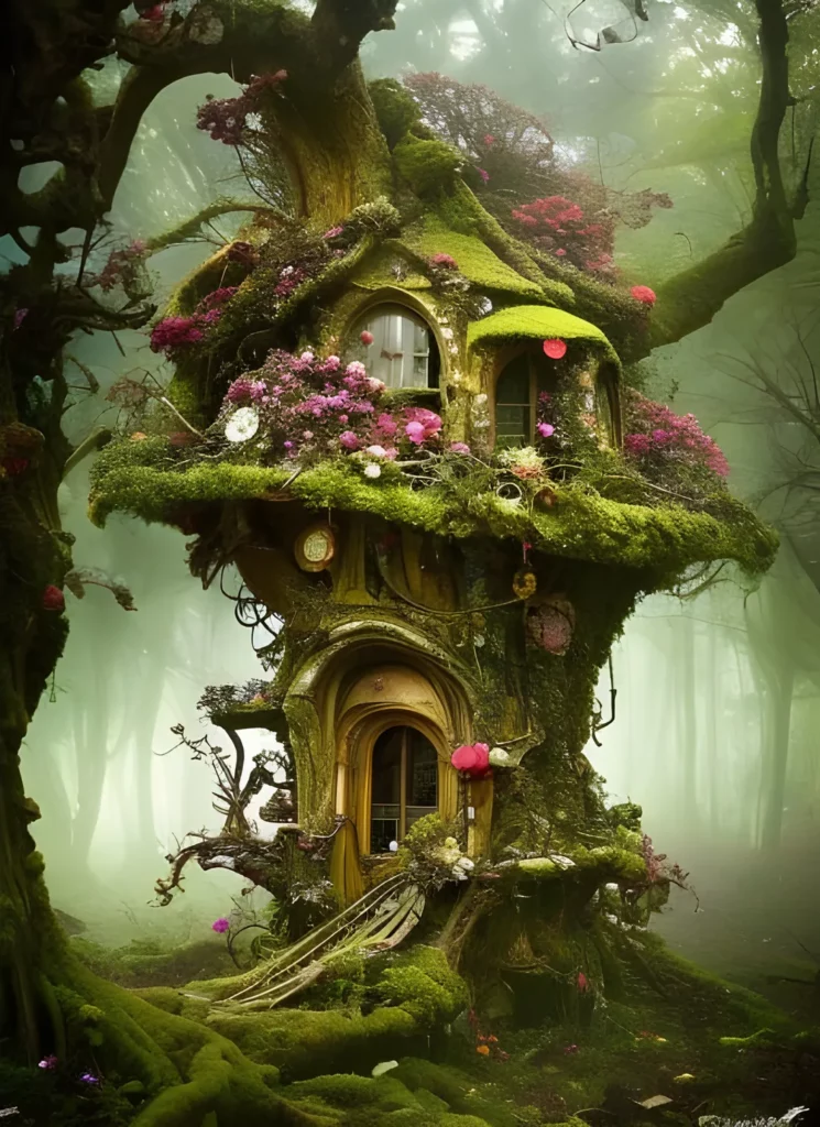 Art generated by NightCafe - intricate faerie home inside a giant gnarled oak decorated with flowers